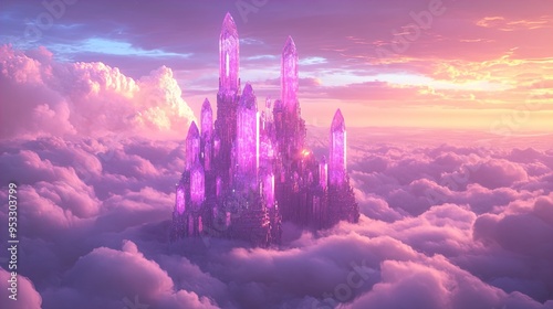 An ethereal and fantastical scene featuring a majestic crystal castle that appears to float high above the clouds. The castle is composed of numerous large, pink and purple crystals that catch and ref