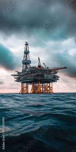 Oil rig in the ocean under a cloudy sky photo