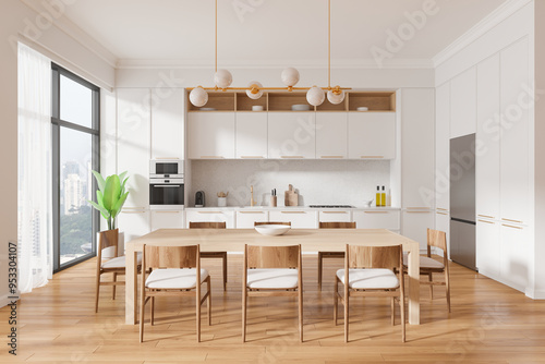 White home kitchen interior with dinner table and cabinet, panoramic window