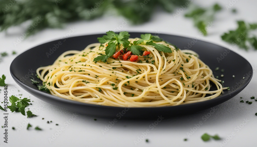 A minimalist, elegant presentation of a plate of spaghetti aglio e olio, with the pasta lightly coat A minimalist, elegant presentation of a plate of spaghetti aglio e olio, with the pasta lightly coat