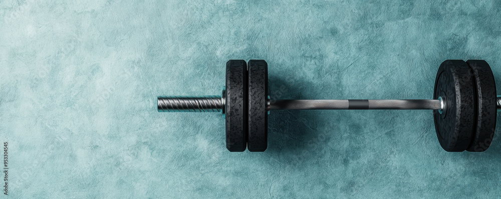 A close-up view of a barbell with weights on a textured teal background, symbolizing strength and fitness. Ideal for gym and workout concepts. A close-up view of a barbell with weights on a textured teal background, symbolizing strength and fitness. Ideal for gym and workout concepts.
