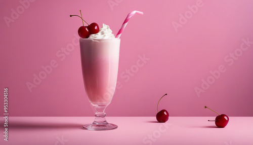 A minimalist, aesthetically pleasing image of a tall glass filled with a pink milkshake. The milksha photo