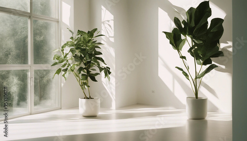 A minimalist, sunlit room with large windows casting long shadows across the floor. In the corner of