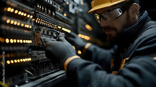 Electrician wearing safety glasses and gloves working on an electrical panel. photo