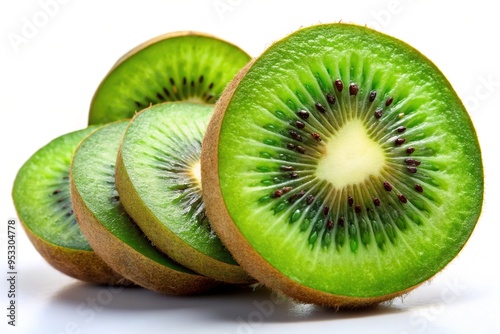 Freshly sliced kiwi fruit, vibrant green and flecked with tiny black seeds, rests on a crisp white background, showcasing its tantalizing texture and natural beauty.
