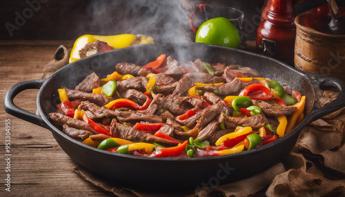 A mouth-watering image of a hot skillet filled with sizzling fajitas, including juicy strips of beef