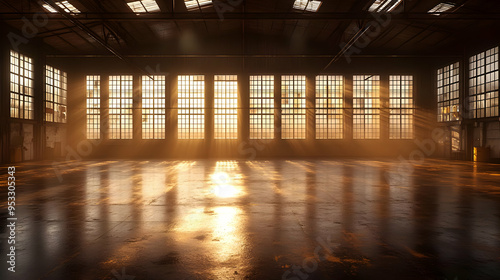Empty industrial warehouse with large windows  sunlight streaming through  illuminating the concrete floor.