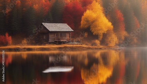 A picturesque view of a cozy wooden cabin by a lakeside during autumn. The surrounding trees are abl photo