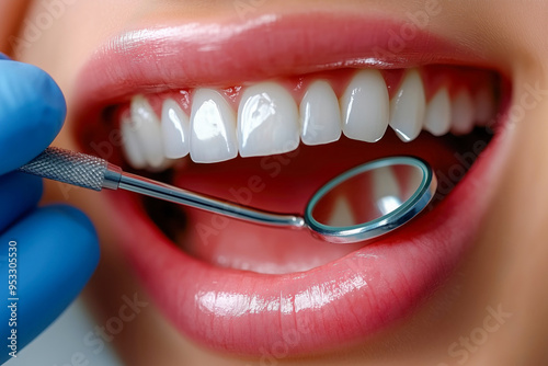 Close-Up of Dental Checkup with Dentist Tool and Healthy White Teeth