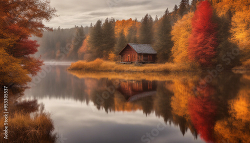 A picturesque view of a cozy wooden cabin by a lakeside during autumn. The surrounding trees are abl photo