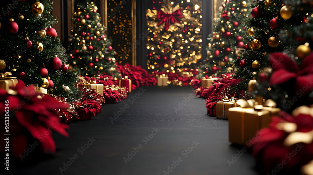 Festive Christmas corridor with decorated trees, red poinsettias, gold gifts, and a black floor. Festive Christmas corridor with decorated trees, red poinsettias, gold gifts, and a black floor.
