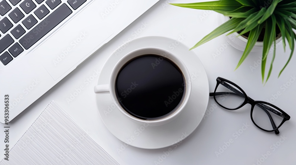 Serene Workspace: Minimalist Desk with Laptop, Coffee, and Reading Glasses, Aerial View Embodying Productivity and Tranquility Serene Workspace: Minimalist Desk with Laptop, Coffee, and Reading Glasses, Aerial View Embodying Productivity and Tranquility