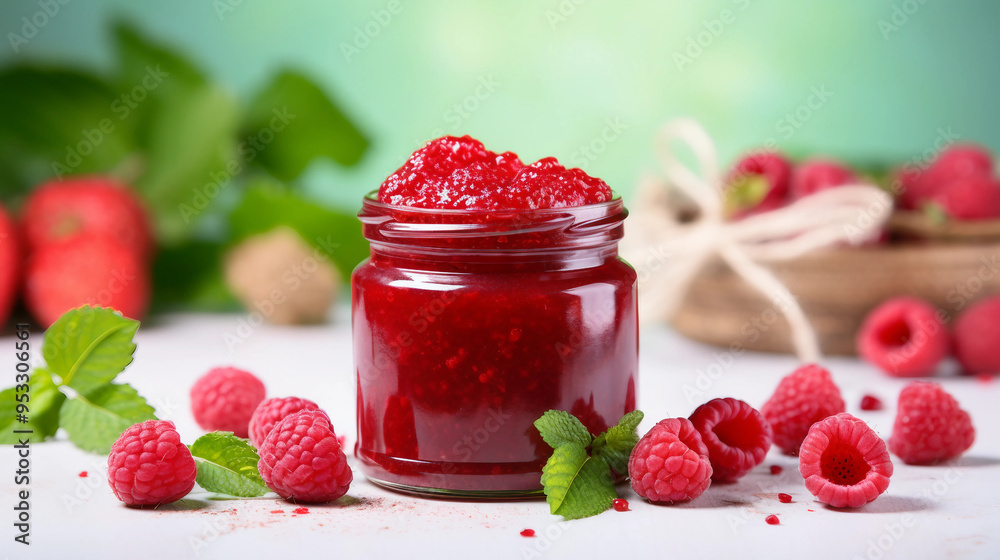Raspberry jam with berry on light background Raspberry jam with berry on light background