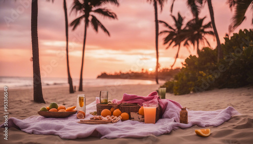 A romantic picnic setup on a tropical beach at sunset, featuring a blanket spread on the sand with t