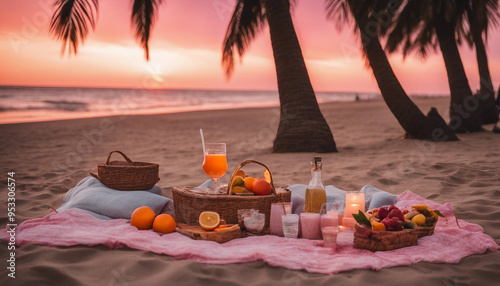 A romantic picnic setup on a tropical beach at sunset, featuring a blanket spread on the sand with t