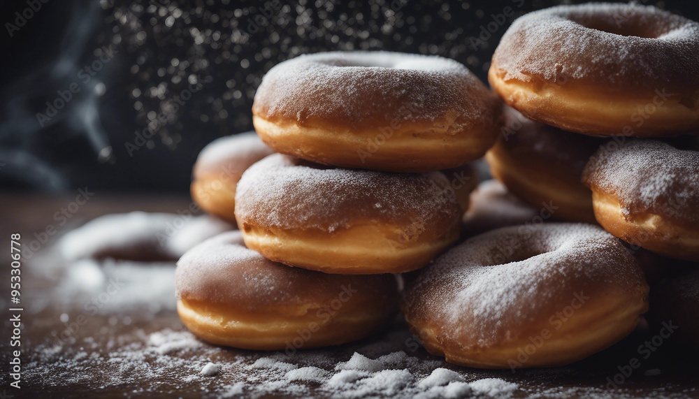 A rustic, artistic image of a stack of freshly made, golden-brown donuts, lightly dusted with powder A rustic, artistic image of a stack of freshly made, golden-brown donuts, lightly dusted with powder