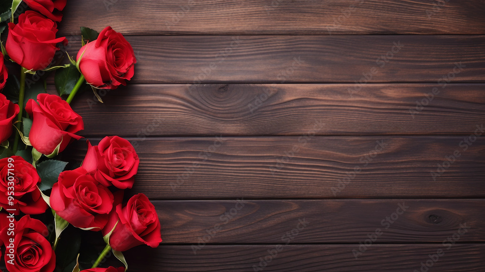 Red rose flowers bouquet on wooden background