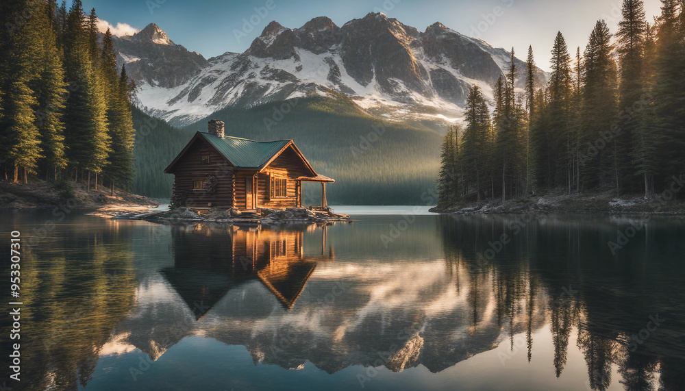 Fototapeta premium A serene scene of a cozy wooden cabin nestled by the edge of a crystal-clear mountain lake. The cabi