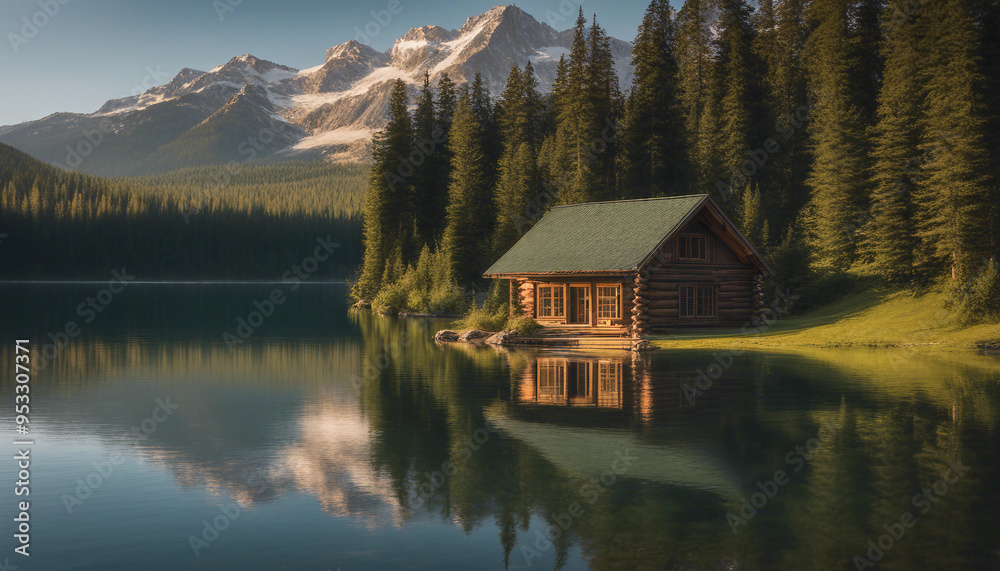 Fototapeta premium A serene scene of a cozy wooden cabin nestled by the edge of a crystal-clear mountain lake. The cabi