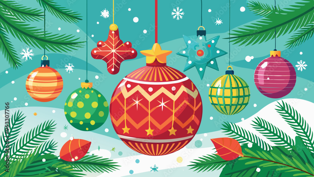 Merry Christmas card with hanging ball decoration Vector illustration white style background. Generative AI Merry Christmas card with hanging ball decoration Vector illustration white style background. Generative AI