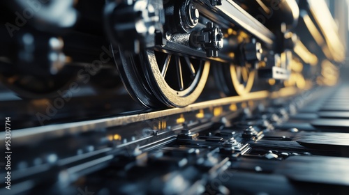 A close-up of a train wheel and tracks, with the detailed mechanisms visible, and a sense of motion as the train slowly starts to move.