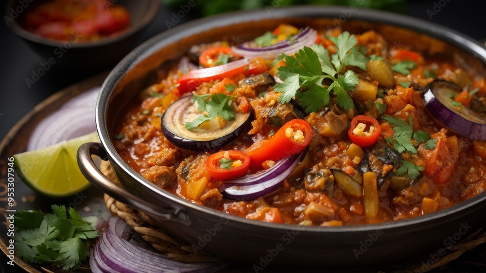 A dish of Indian cuisine. Eggplant bharta with rice. A dish of Indian cuisine. Eggplant bharta with rice.