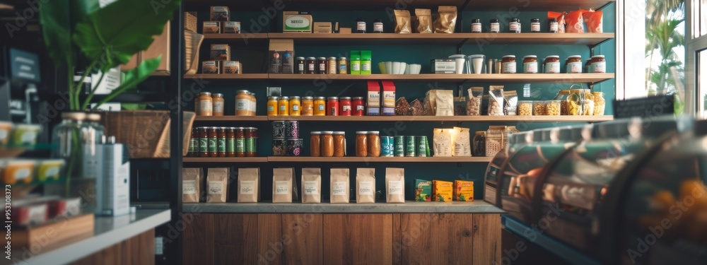 Cozy organic grocery store with shelves of natural products Cozy organic grocery store with shelves of natural products