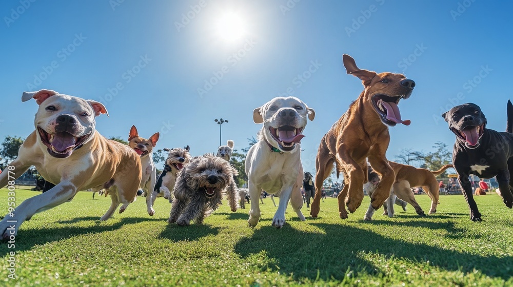 A group of dogs of various breeds playing together at a dog park, running, jumping, and interacting joyfully under a bright blue sky.