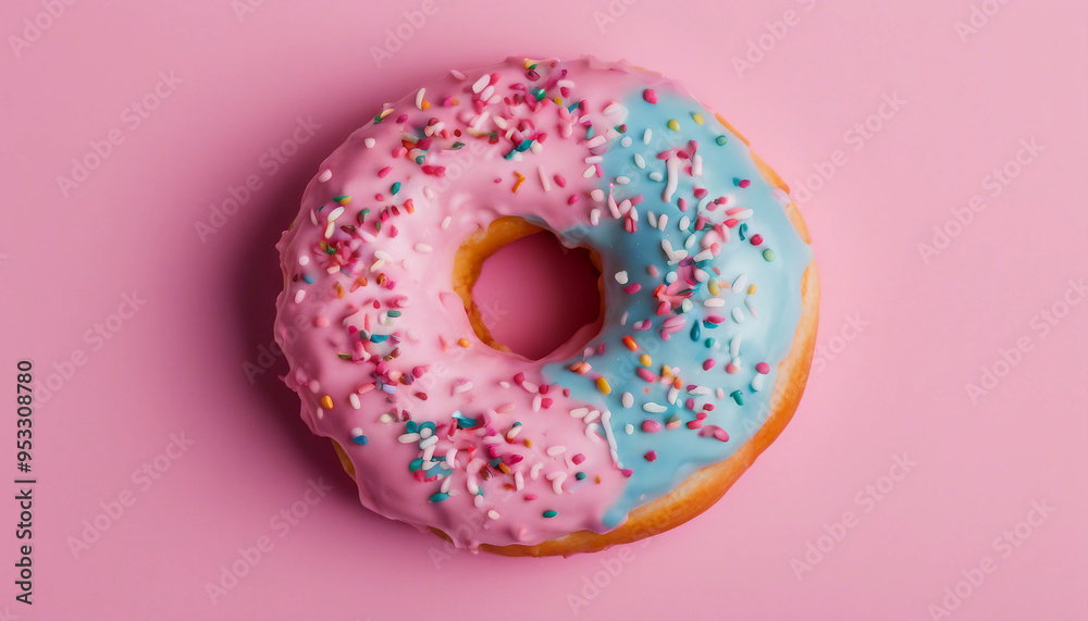 A top-down view of a colorful donut, half covered in pink icing and the other half in blue icing, to