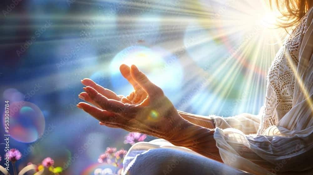Religion. Double exposure of sky and Christian woman praying over Bible, closeup . Pray in sunlight . Believe,hope and worship human hands. Bless god 4k video