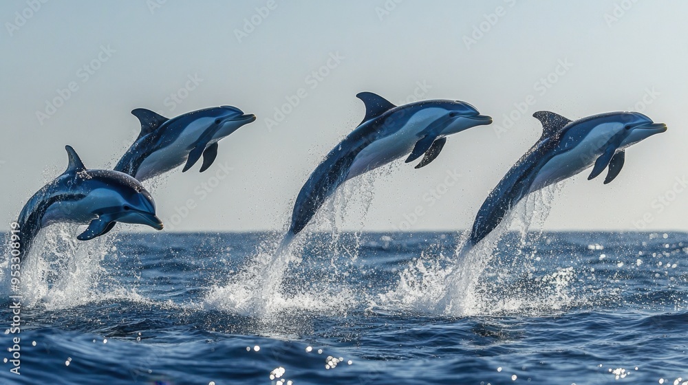 Fototapeta premium A group of dolphins leaping out of the ocean, captured mid-air with splashes of water around them, under a clear, sunny sky.