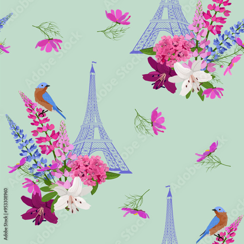 Seamless vector illustration with lupine, lily, rhododendron, Eiffel tower and birds. For decorating textiles, packaging, web design.
