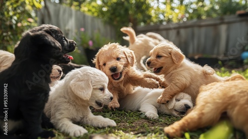 A group of puppies playing together in a backyard, tumbling over each other and playfully biting, with a joyful and energetic atmosphere. photo