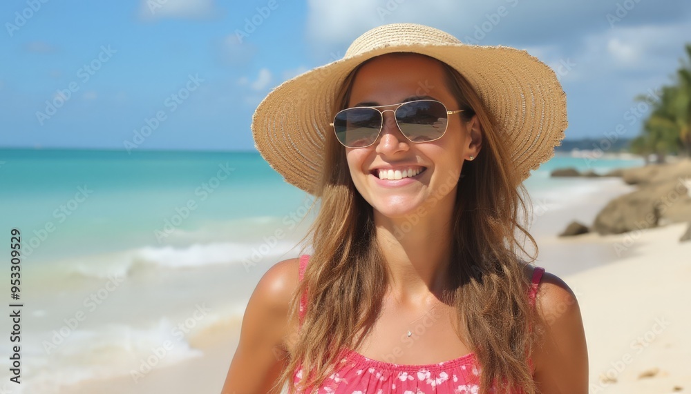 Woman in Straw Hat and Blue Swimsuit Enjoying Sunny Beach Day - Perfect for Summer and Travel Photography Woman in Straw Hat and Blue Swimsuit Enjoying Sunny Beach Day - Perfect for Summer and Travel Photography
