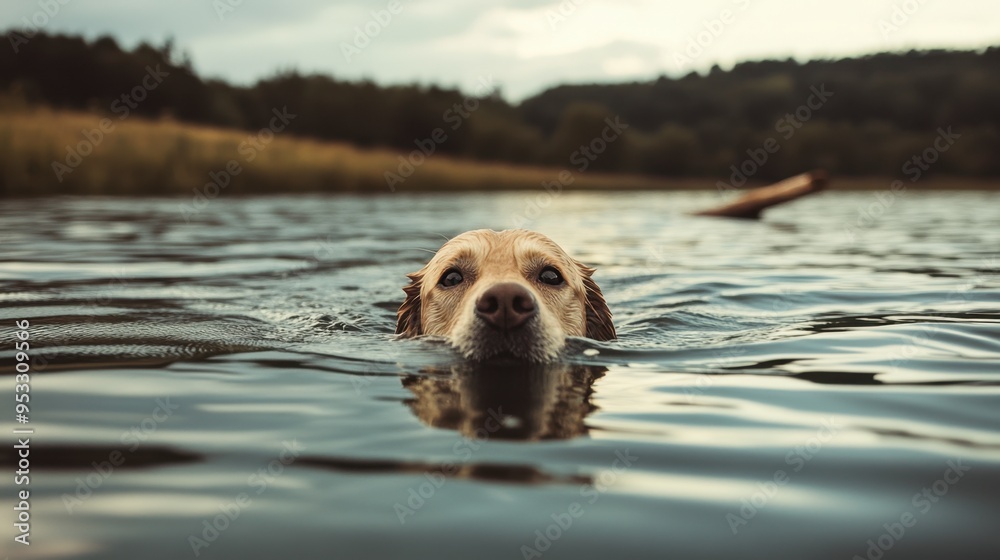 A Labrador retriever swimming in a lake, with only its head visible above the water, as it swims towards a floating stick in the distance. A Labrador retriever swimming in a lake, with only its head visible above the water, as it swims towards a floating stick in the distance.