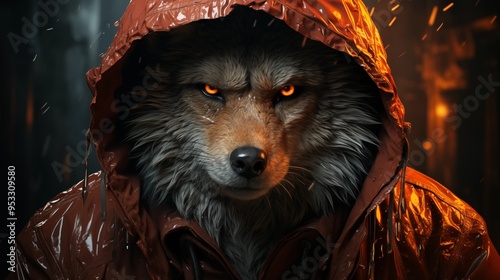 A wolf with hoodie with half ice and half fire. photo