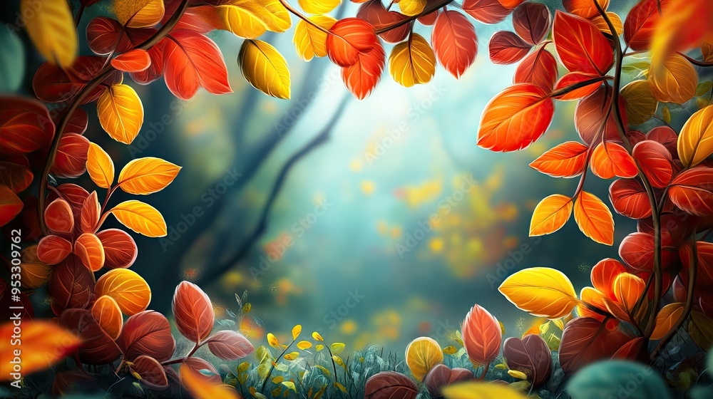 A vibrant autumn landscape with colorful leaves framing a serene background. A vibrant autumn landscape with colorful leaves framing a serene background.