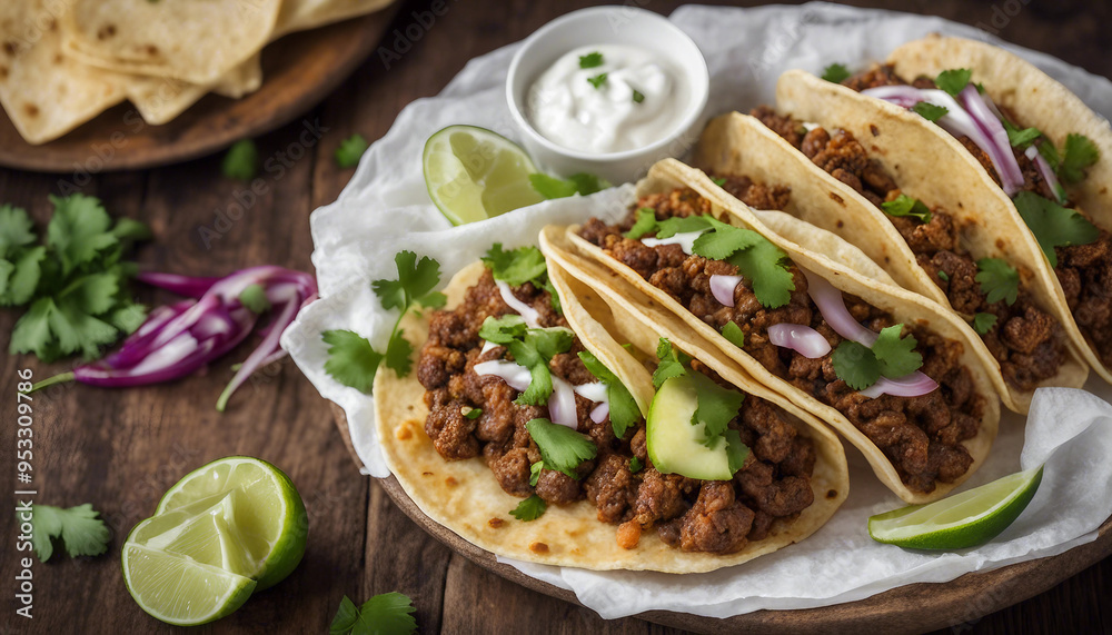 A vibrant, mouth-watering image of a plate of spicy tacos, filled with seasoned ground beef, fresh c A vibrant, mouth-watering image of a plate of spicy tacos, filled with seasoned ground beef, fresh c