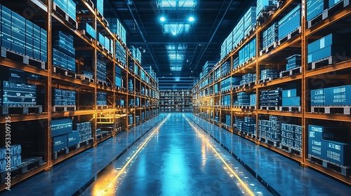 A futuristic warehouse where predictive algorithms and big data analytics enhance fulfillment processes and tracking accuracy