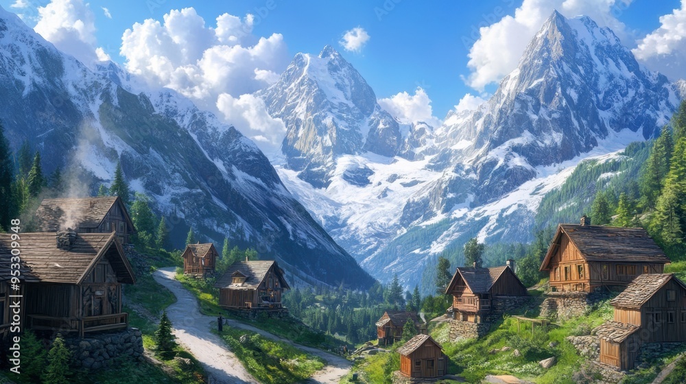 A mountain village nestled in a valley, with traditional wooden houses, winding roads, and a dramatic backdrop of towering, snow-covered mountains. A mountain village nestled in a valley, with traditional wooden houses, winding roads, and a dramatic backdrop of towering, snow-covered mountains.