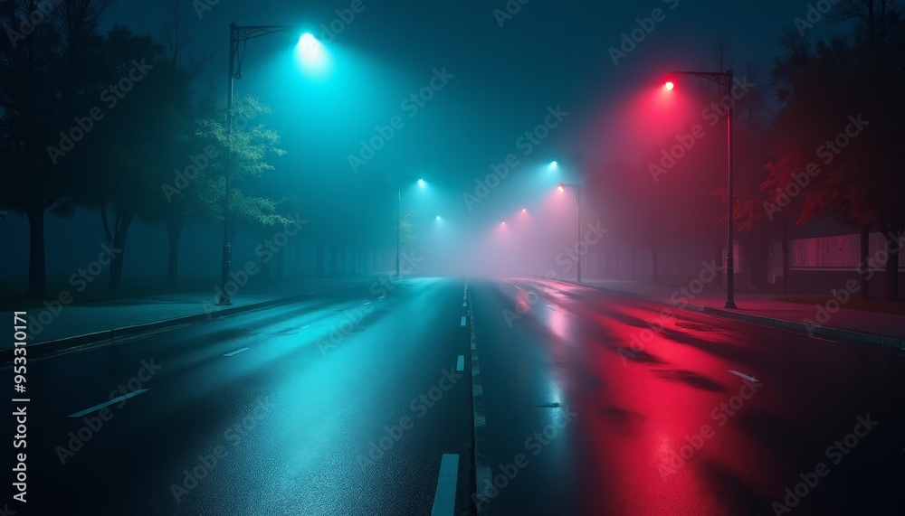 Urban Night Scene: Wet Road with Reflections of Street Lights and Traffic Signals Urban Night Scene: Wet Road with Reflections of Street Lights and Traffic Signals