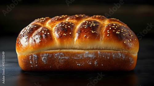 Freshly baked loaf of bread with sesame seeds on top, sitting on black surface. photo