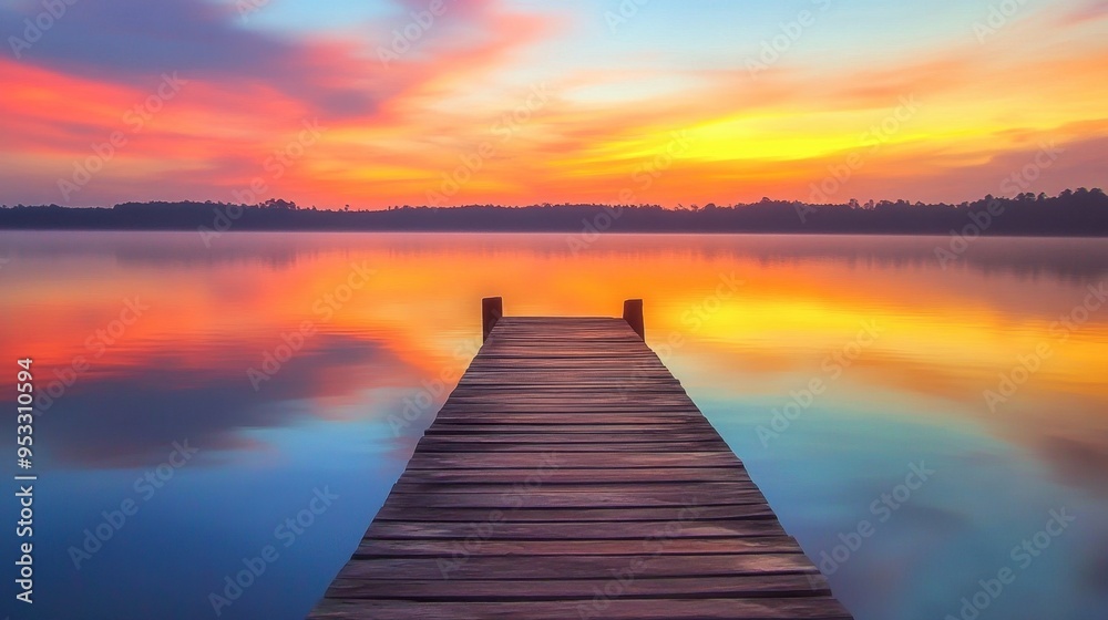 A quiet dock extending into a calm lake at sunset, with the sky ablaze in colors of orange and pink, and the still water reflecting the vivid hues. A quiet dock extending into a calm lake at sunset, with the sky ablaze in colors of orange and pink, and the still water reflecting the vivid hues.