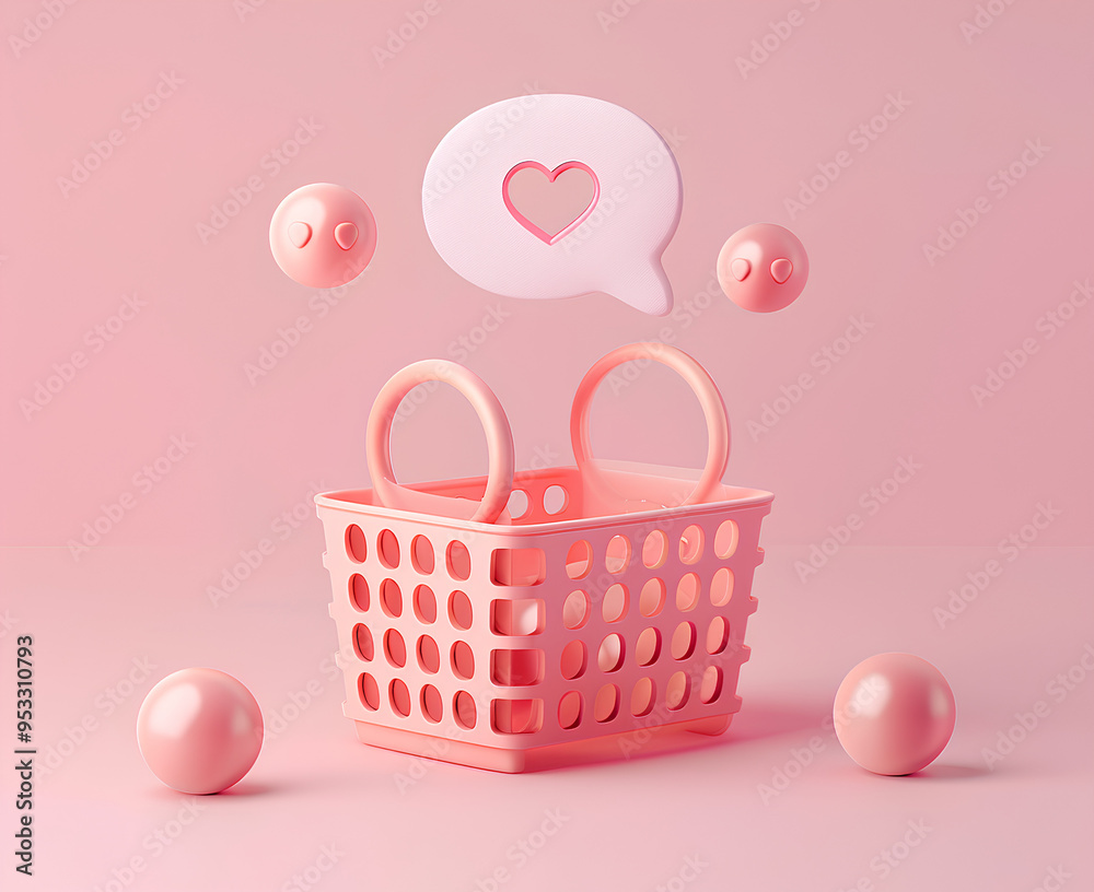 3D icon of a pink shopping basket with a white speech bubble above, containing a heart symbol, on a light pastel background, with a minimalistic and cute design 3D icon of a pink shopping basket with a white speech bubble above, containing a heart symbol, on a light pastel background, with a minimalistic and cute design