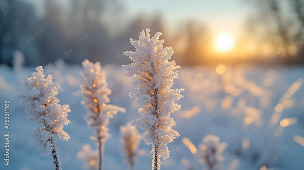 Frost-covered plants sparkle in the golden light of sunrise. Frost-covered plants sparkle in the golden light of sunrise.