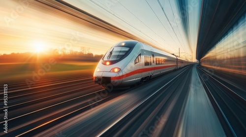 A sleek, modern high-speed train zooming through a picturesque countryside at sunset, with blurred motion capturing the speed and energy of the train.