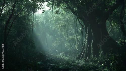 A misty forest path winds through a dense canopy of trees, sunlight peeks through the foliage.