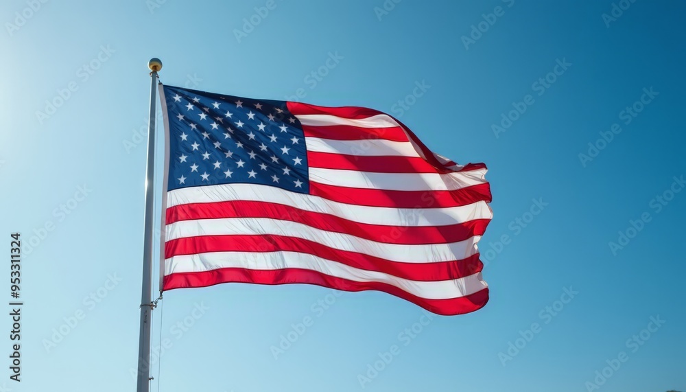 American Flag Waving Against Clear Blue Sky - Symbol of Patriotism and National Pride American Flag Waving Against Clear Blue Sky - Symbol of Patriotism and National Pride