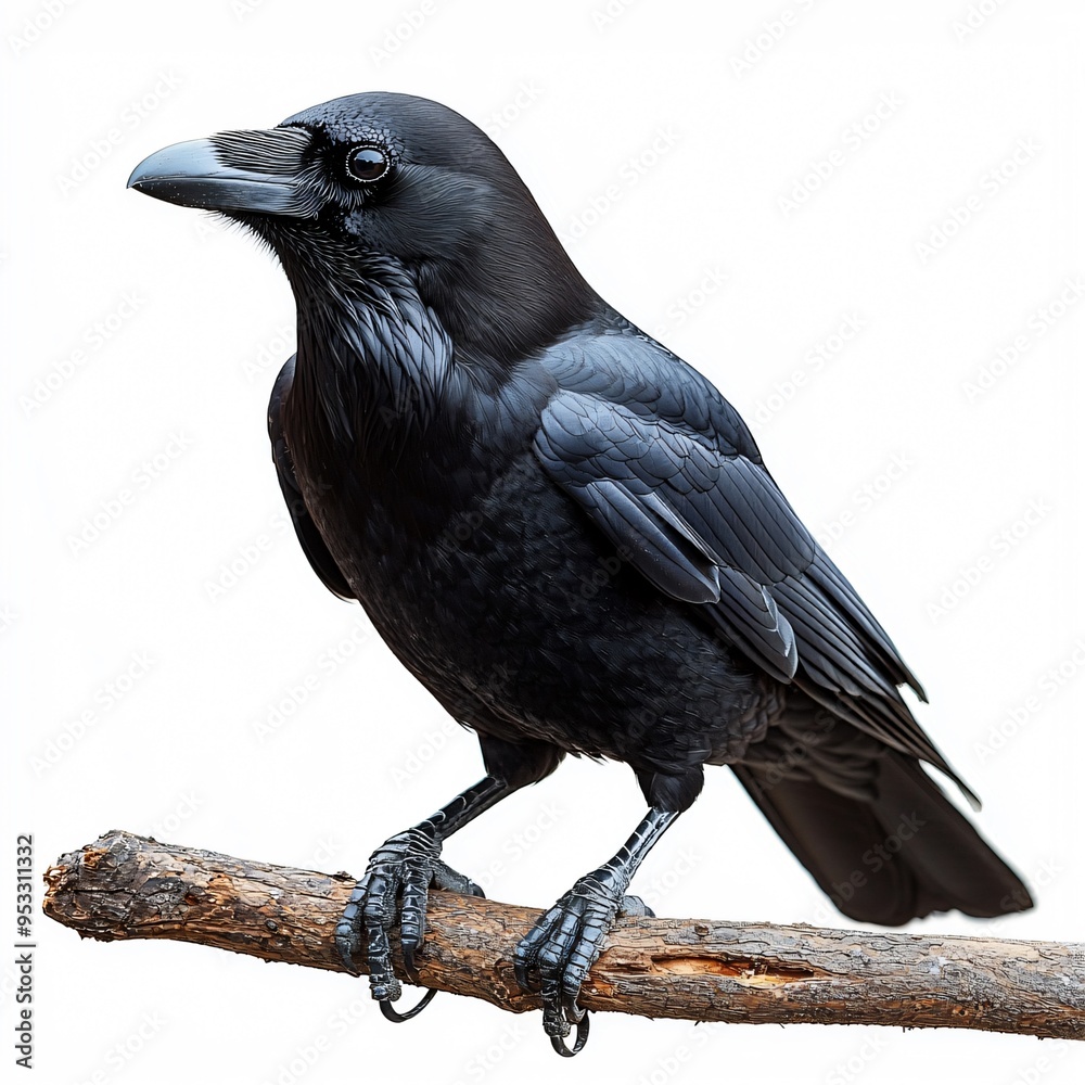 Fototapeta premium Portrait of a raven on a branch, perfect for Halloween-themed designs, invitations, and decorations with copy space.