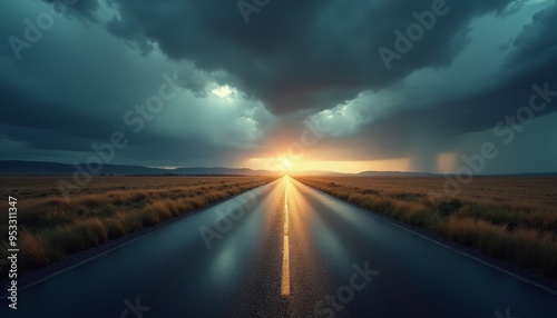 Dramatic Stormy Road: Dark Clouds and Rain Over a Lonely Highway photo